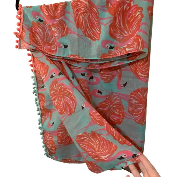 MISSSHORTHAIR Scarf Wrap Dancing Pink Flamingo Mint background pom-pom fringe - Picture 5 of 7